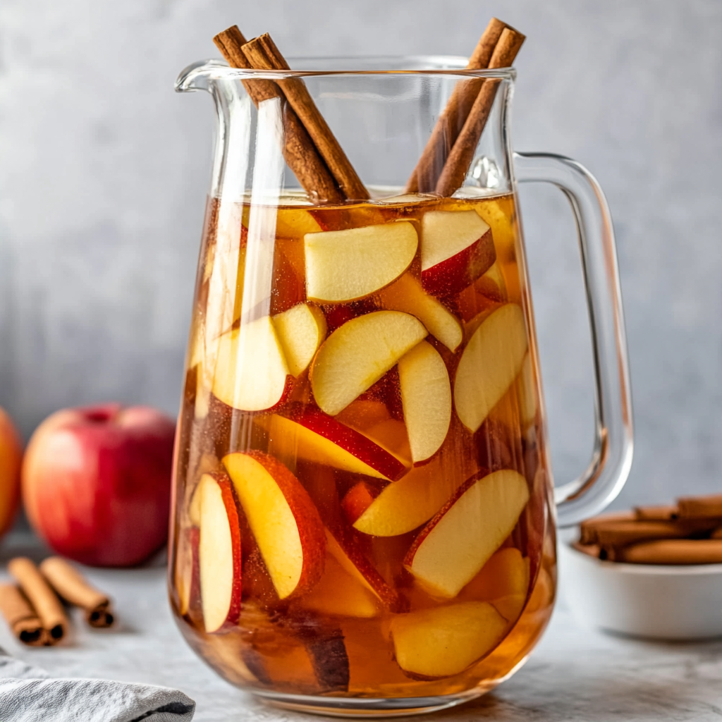 Large pitcher filled with golden sangria, floating apple slices, and a hint of caramel swirl, styled for autumn.