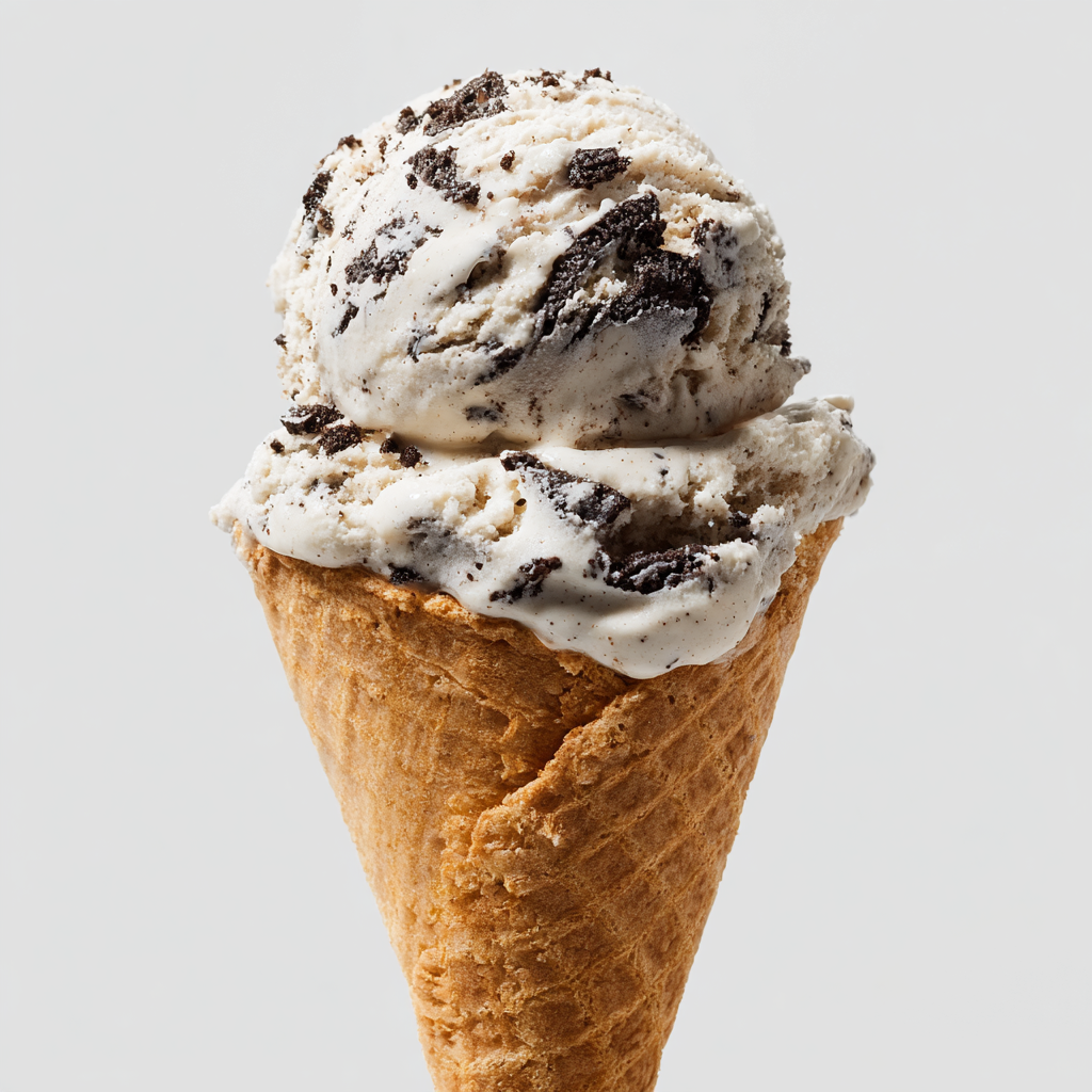 a scoop of homemade no churn oreo ice cream in a cone