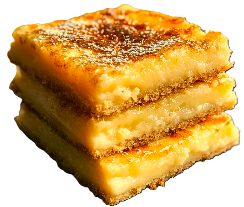 Glossy brûléed topping on rich pumpkin cheesecake bar with a visible spiced filling.