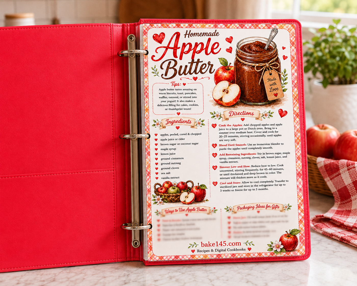 the apple butter recipe card in a red recipe binder