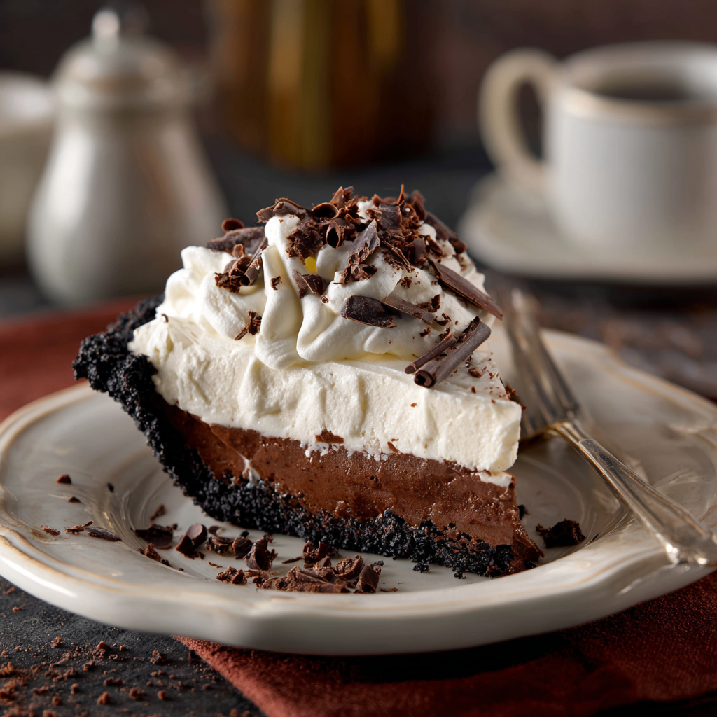 a piece of mississippi mud pie with oreo crust and whipped cream on top