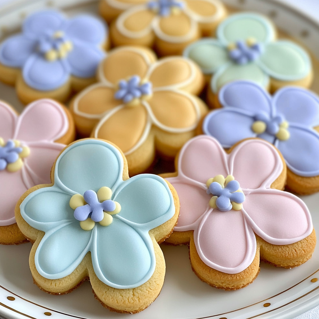 a plate of pastel frosted flower shaped, sugar cookies on a plate