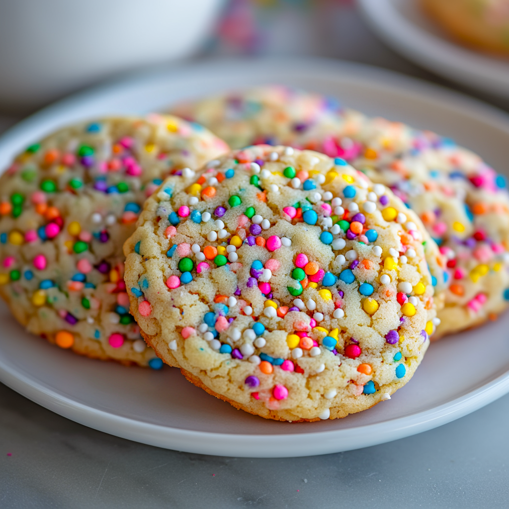 Plate of rainbow sprinkle cookies — perfect for parties or gifting.