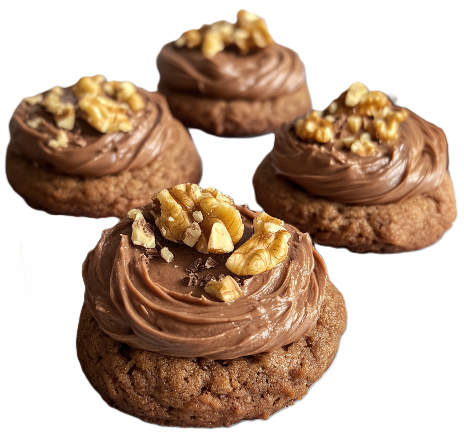Close-up of frosted mocha cookies showing creamy texture and glossy chocolate espresso frosting.