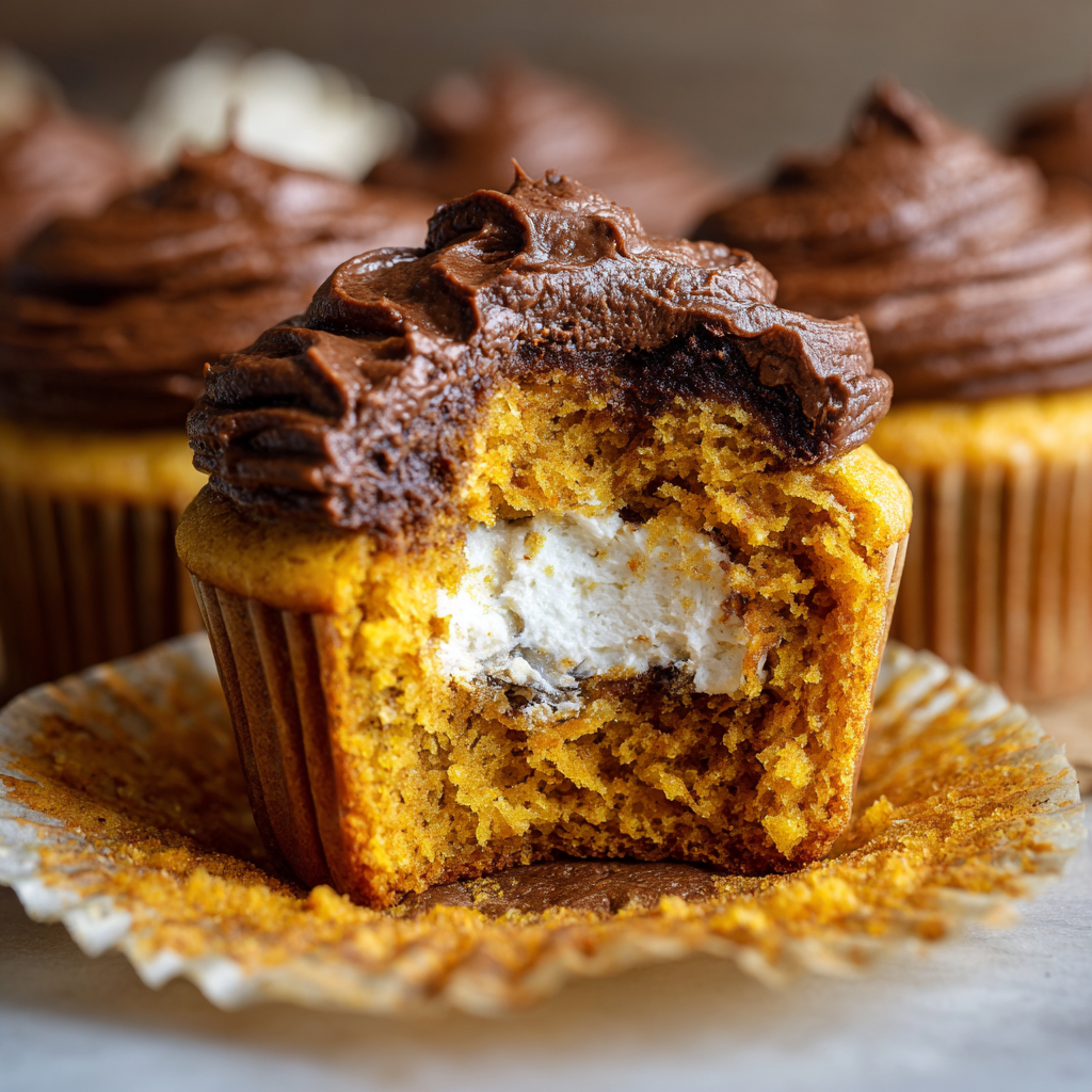 Pumpkin Cupcakes with Cream Cheese Filling & Chocolate Ganache | Printable Fall Recipe PDF
