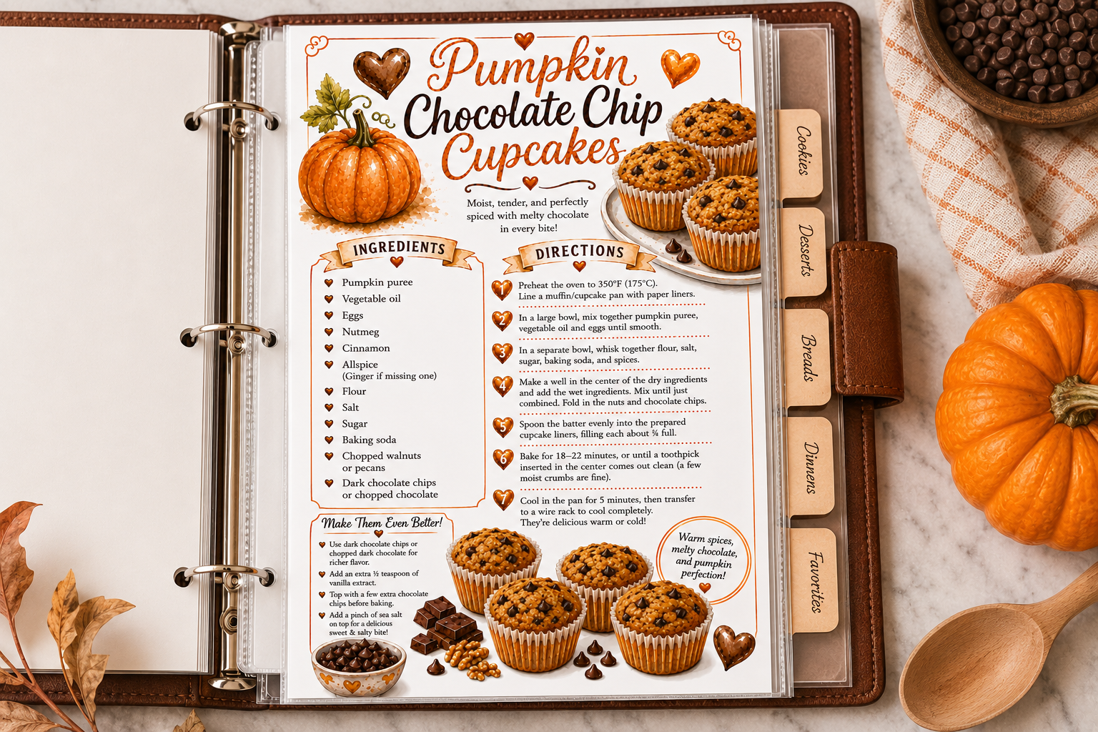 Pumpkin Chocolate Chip Cakes Recipe Card | Printable Art Recipe - PDF Digital Download