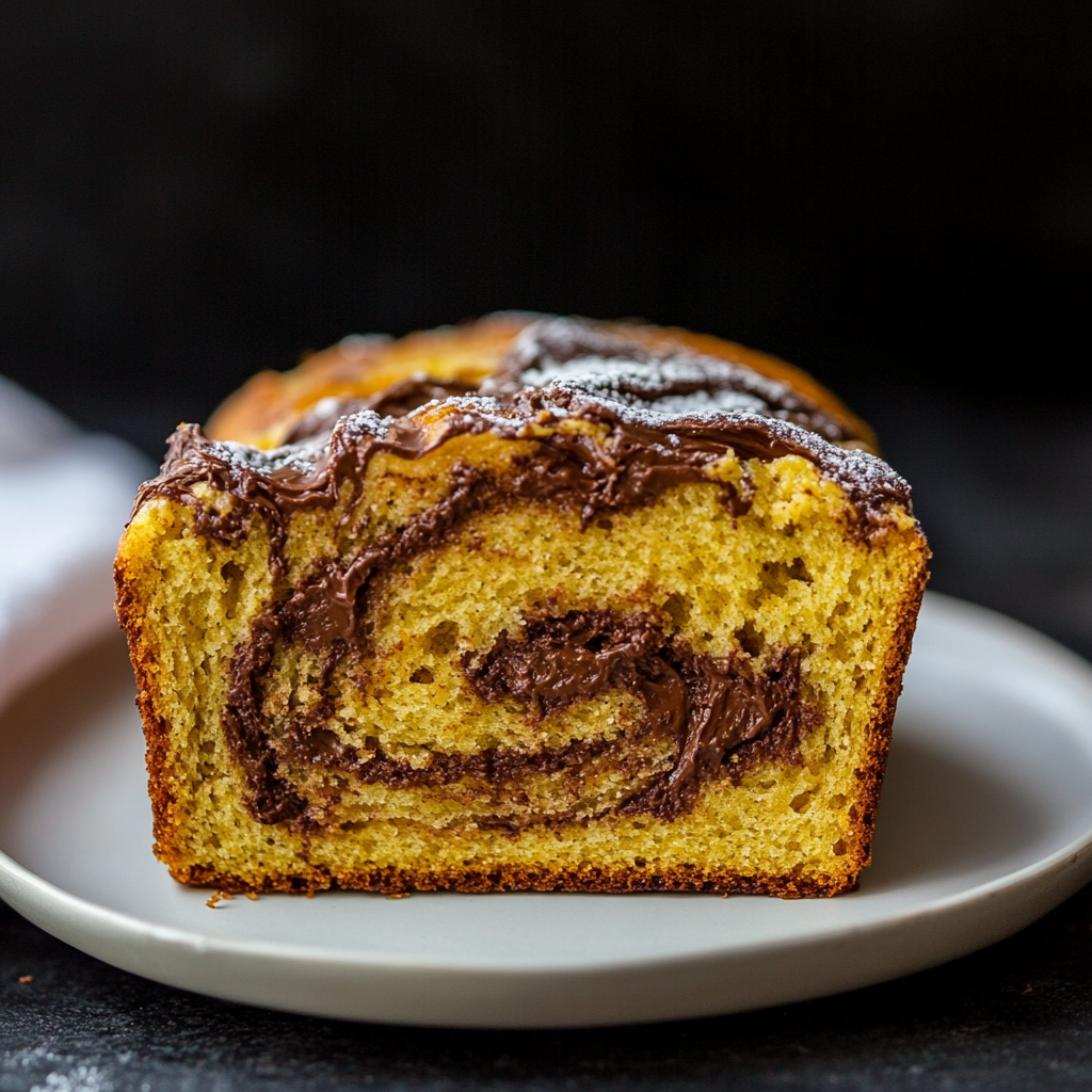 Baked pumpkin bread with swirls of Nutella and a golden crust—perfect for fall mornings.