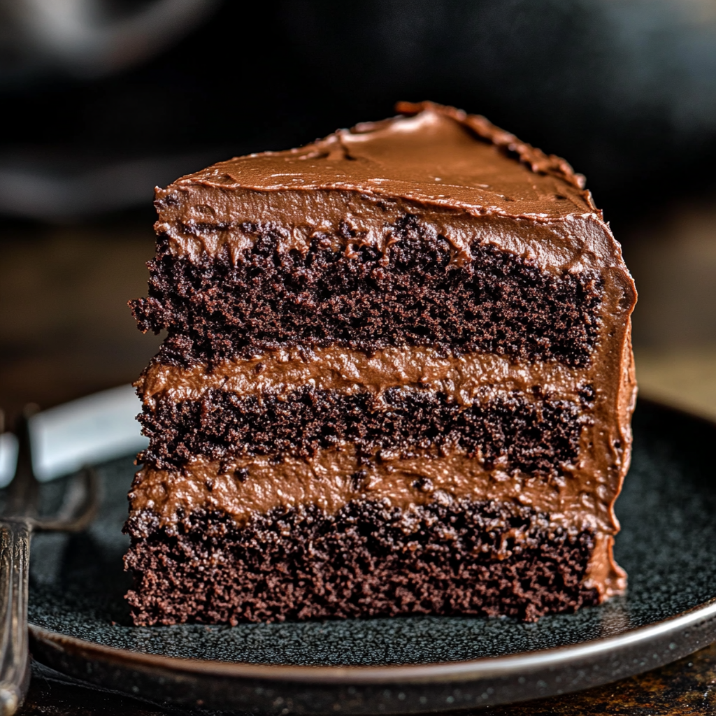 a slice of moist chocolate cake with swiss meringue buttercream frosting recipe