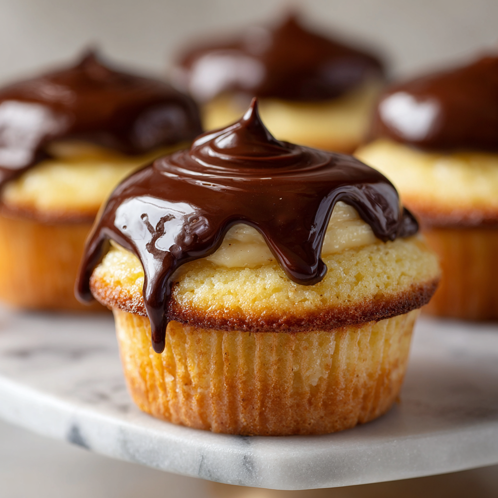 close up of a boston cream pie cupcake