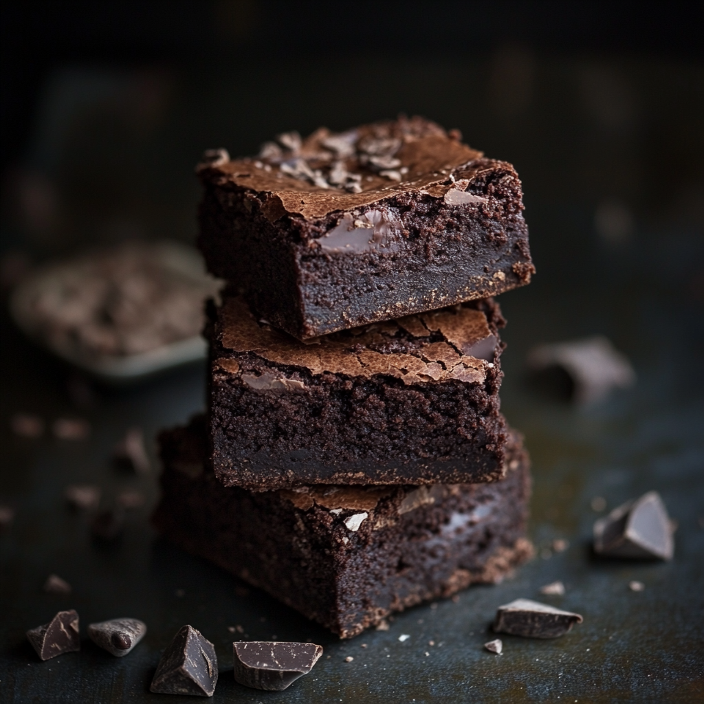 Thick, chewy brownies stacked for serving with chocolate chunks