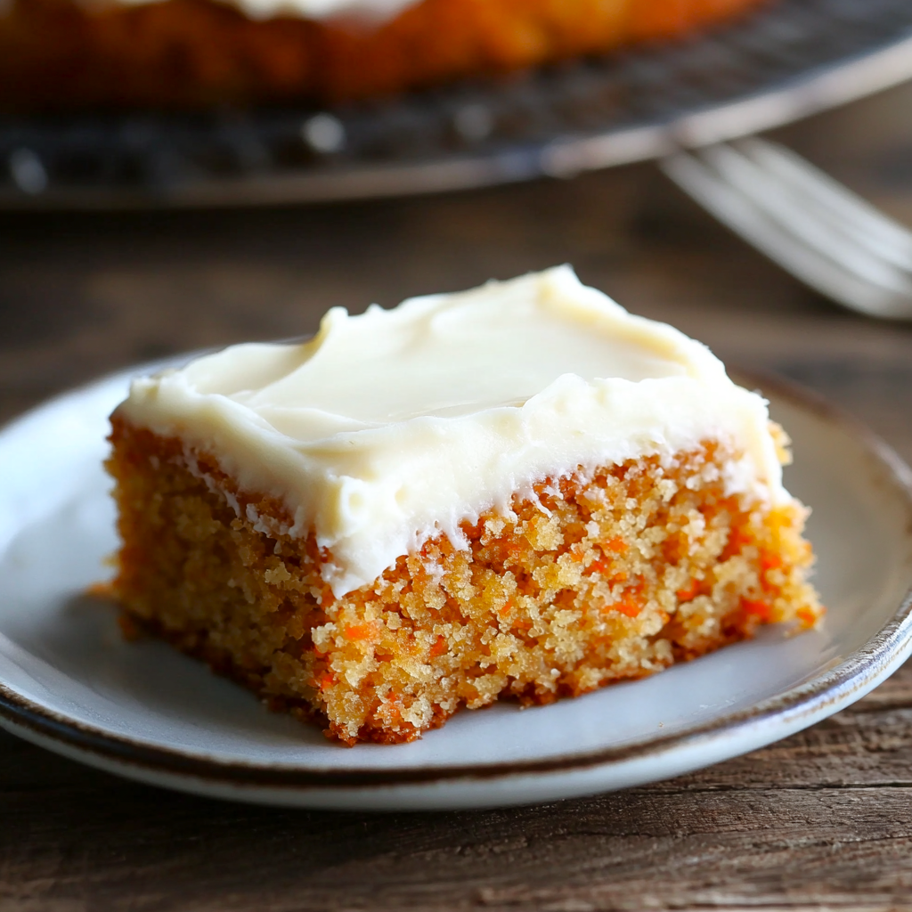 Slice of sourdough carrot cake with cream cheese frosting on a white plate
