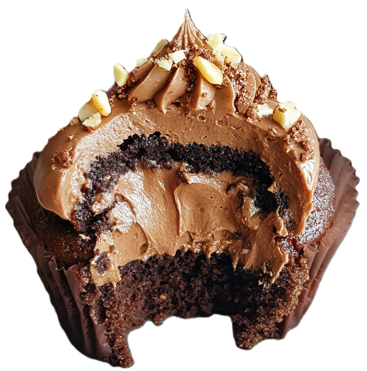 close up picture of a chocolate nutella stuffed cupcake with a bite missing