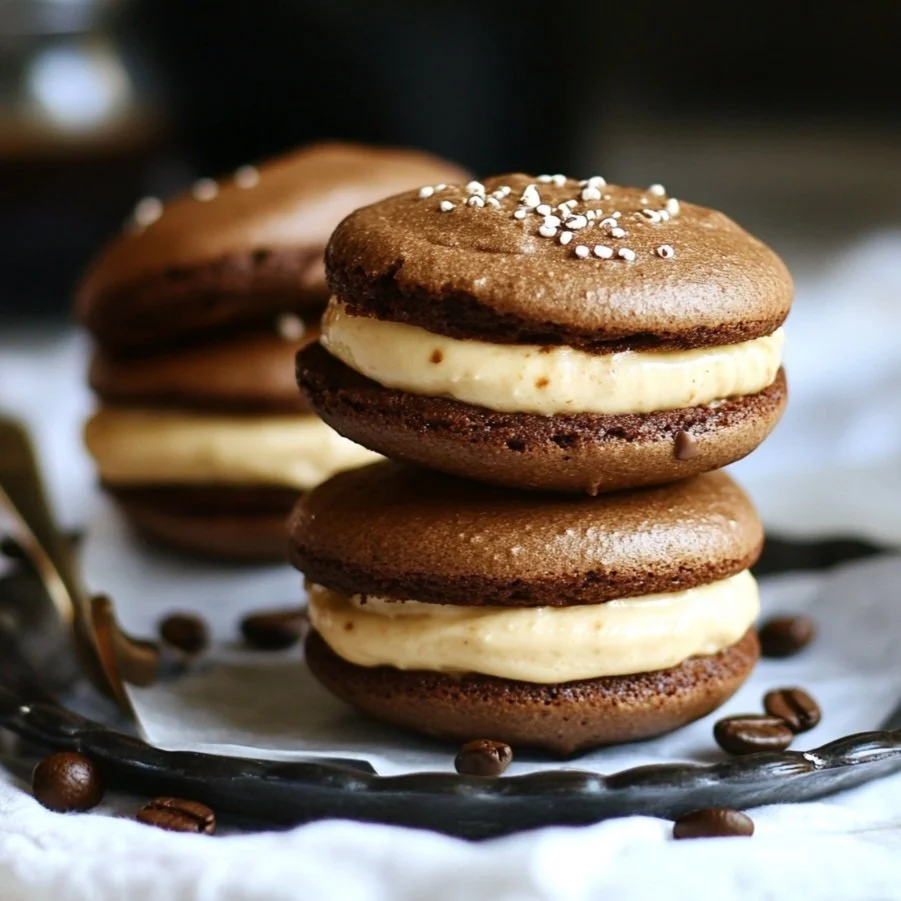 a plate of coffee whoopie pies with vanilla coffee buttercream filling