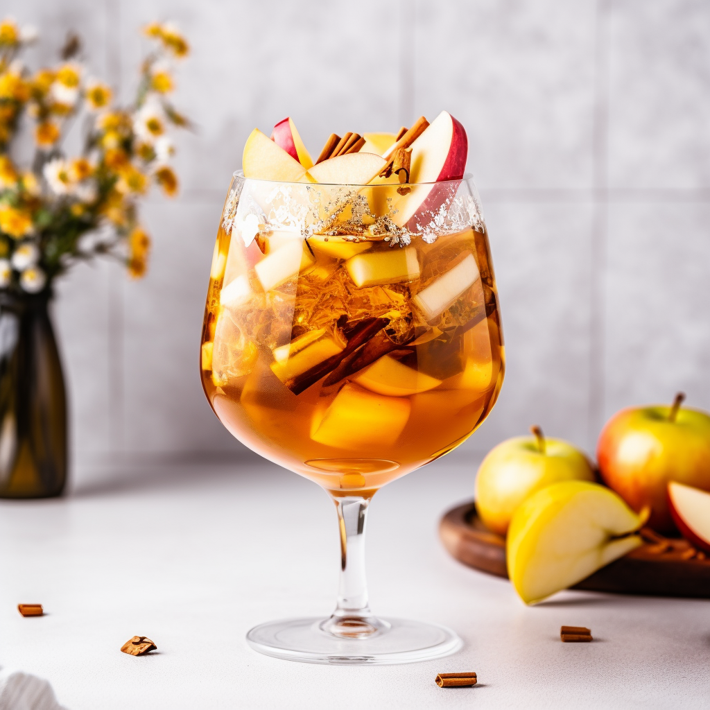 Glasses of caramel apple sangria with fresh apple slices and cinnamon sticks on a rustic fall table.