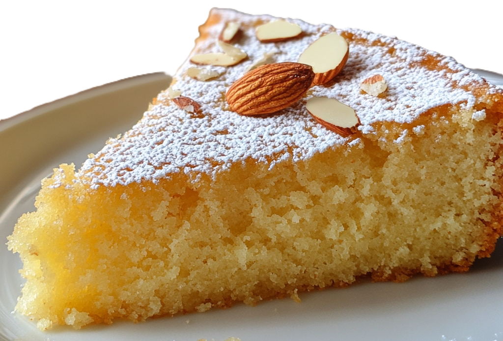 a slice of moist gluten free almond cake with a dusting of powdered sugar