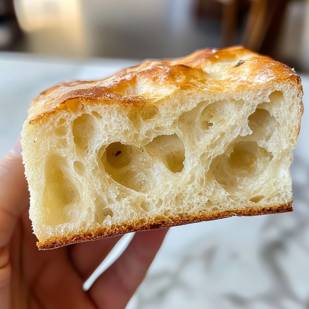a thick chewy piece of cinnamon rosemary focaccia bread, you can see the airy texture