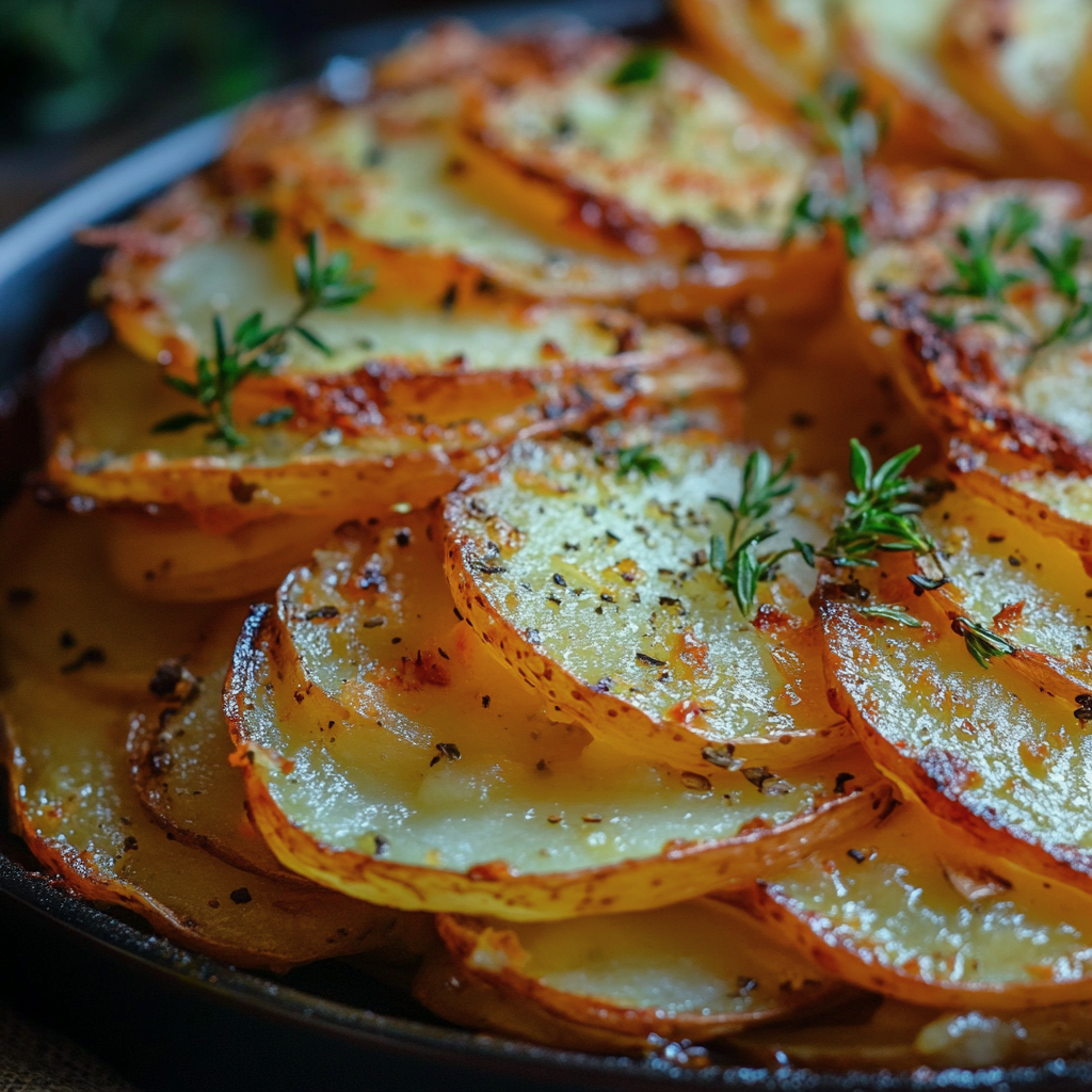 Golden, cheesy scalloped potatoes with crispy bacon and herbs in a ceramic baking dish.