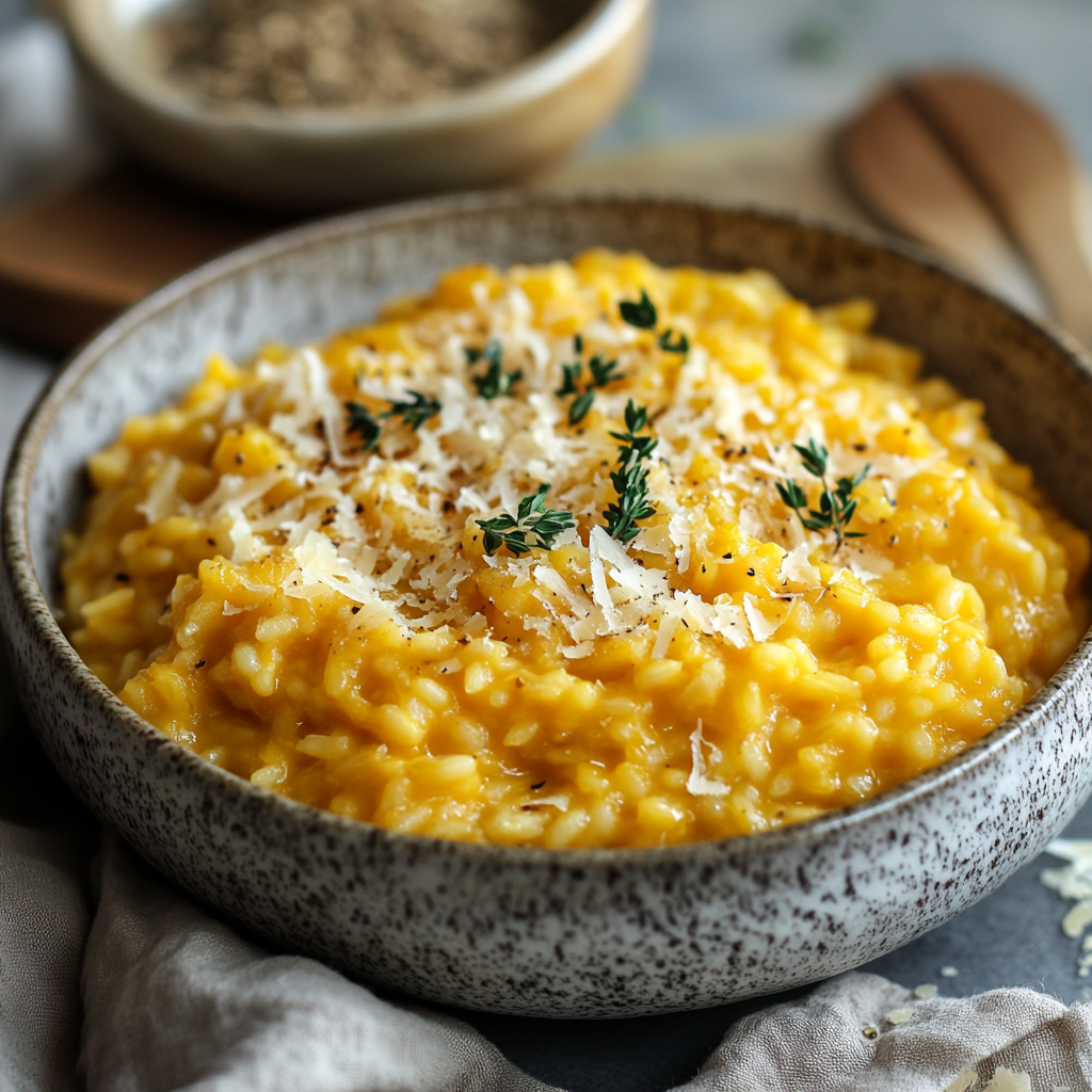 Creamy golden risotto topped with fresh herbs in a rustic bowl.