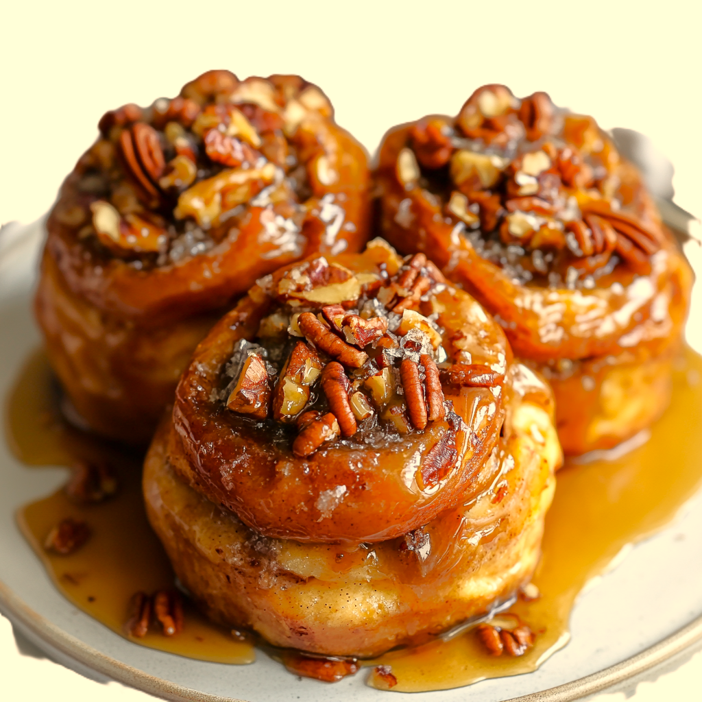 Gooey pumpkin pecan sticky buns fresh from the oven, topped with golden caramel and chopped pecans.