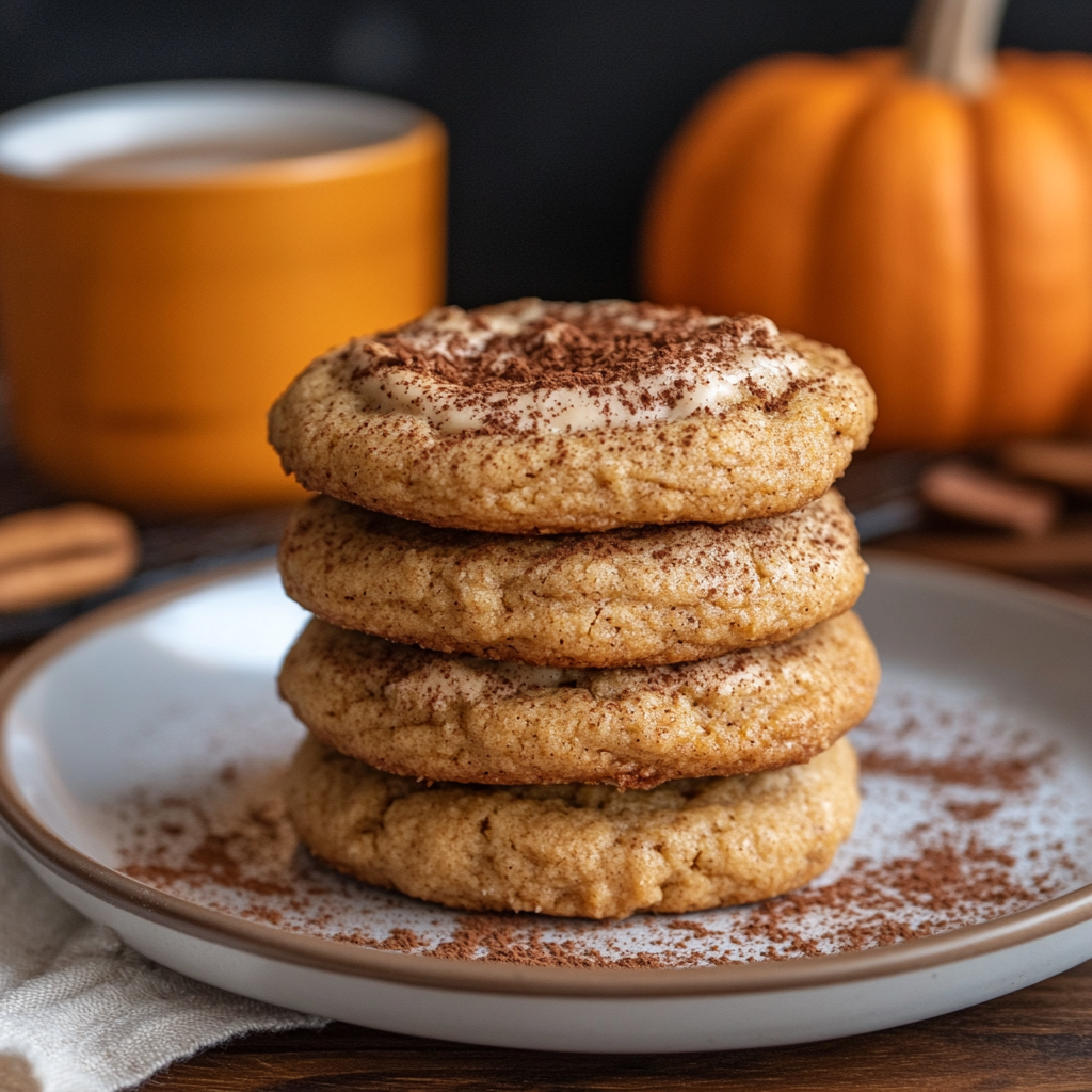 Pumpkin spice latte cookies stacked on a fall-themed plate with coffee frosting