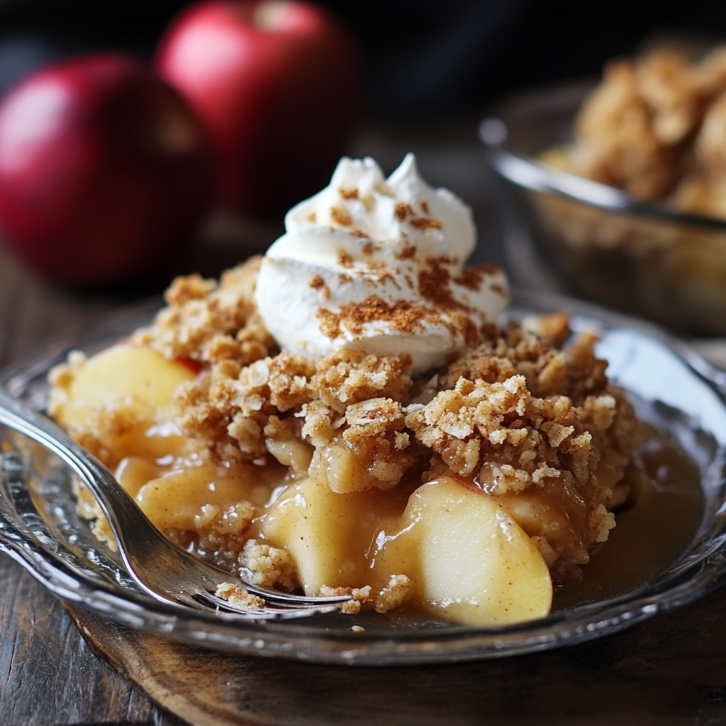 Baked cinnamon apple crisp in a white dish with golden oat topping