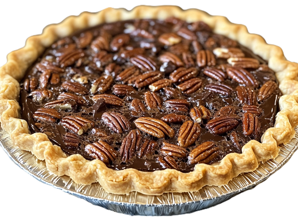 Whole chocolate pecan pie in a pie pan
