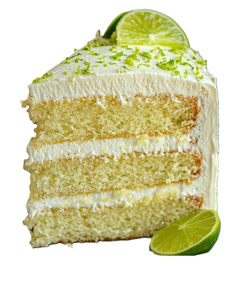 Slice of vanilla lime cake showing moist crumb and layers