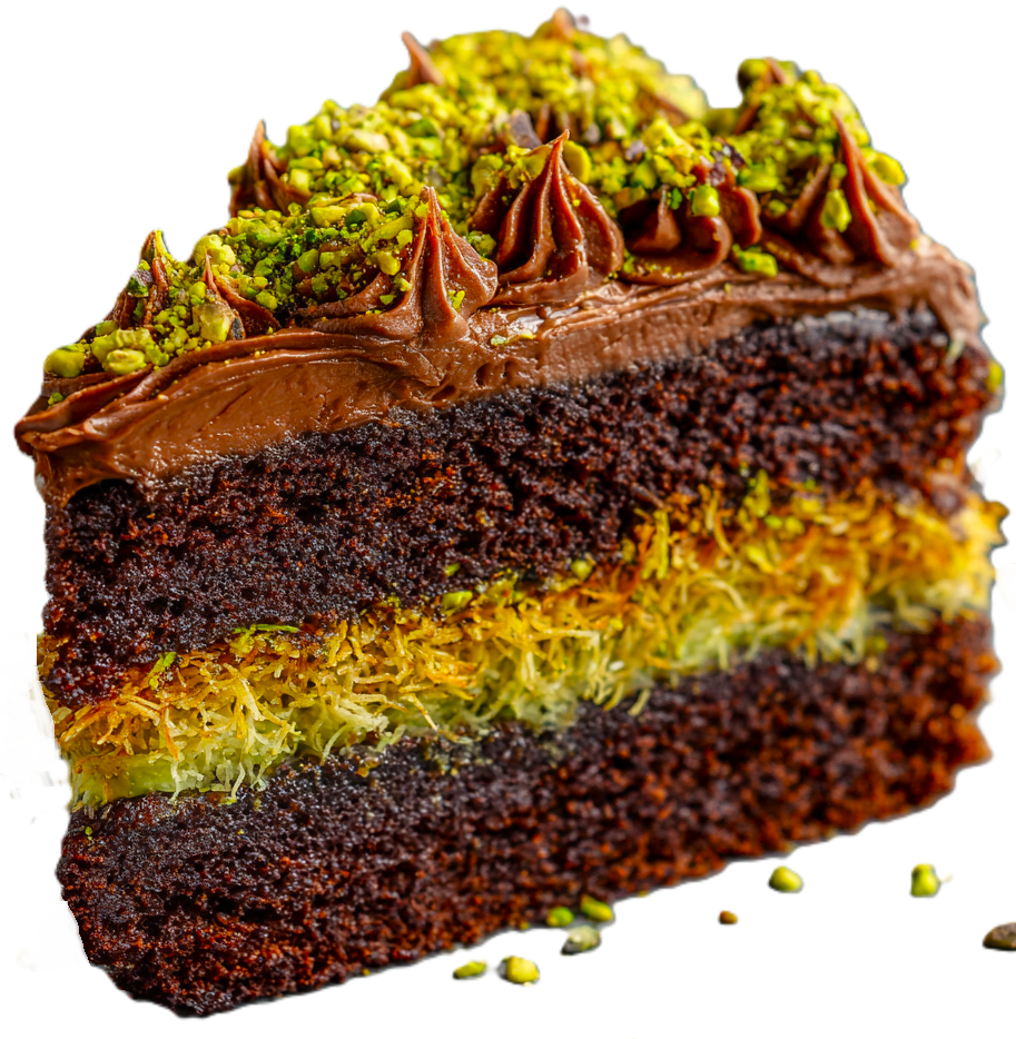 Dubai-inspired chocolate cake with smooth ganache finish and decorative topping.