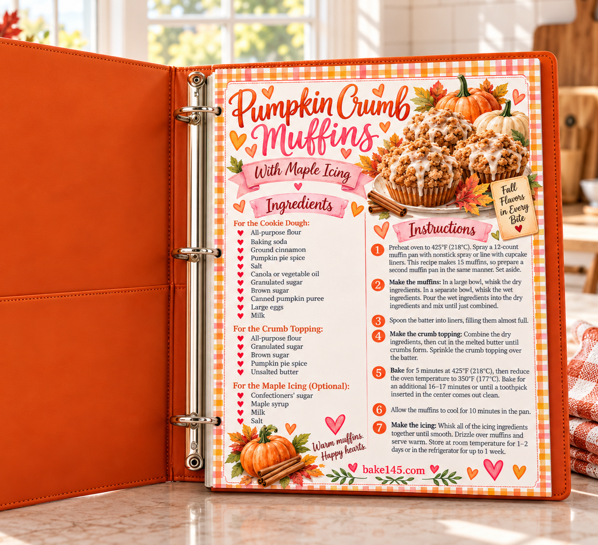 a photo of the printed pumpkin crumb recipe card in an orange recipe binder