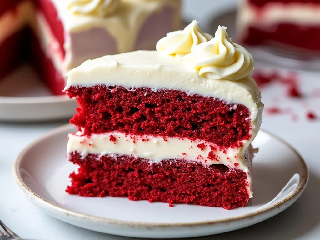 a piece of red velvet layer cake with cream cheese frosting
