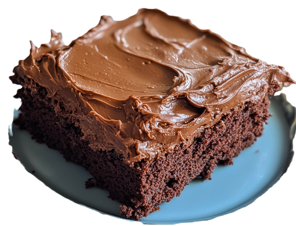a piece of chocolate texas sheet cake with homemade fudgy frosting