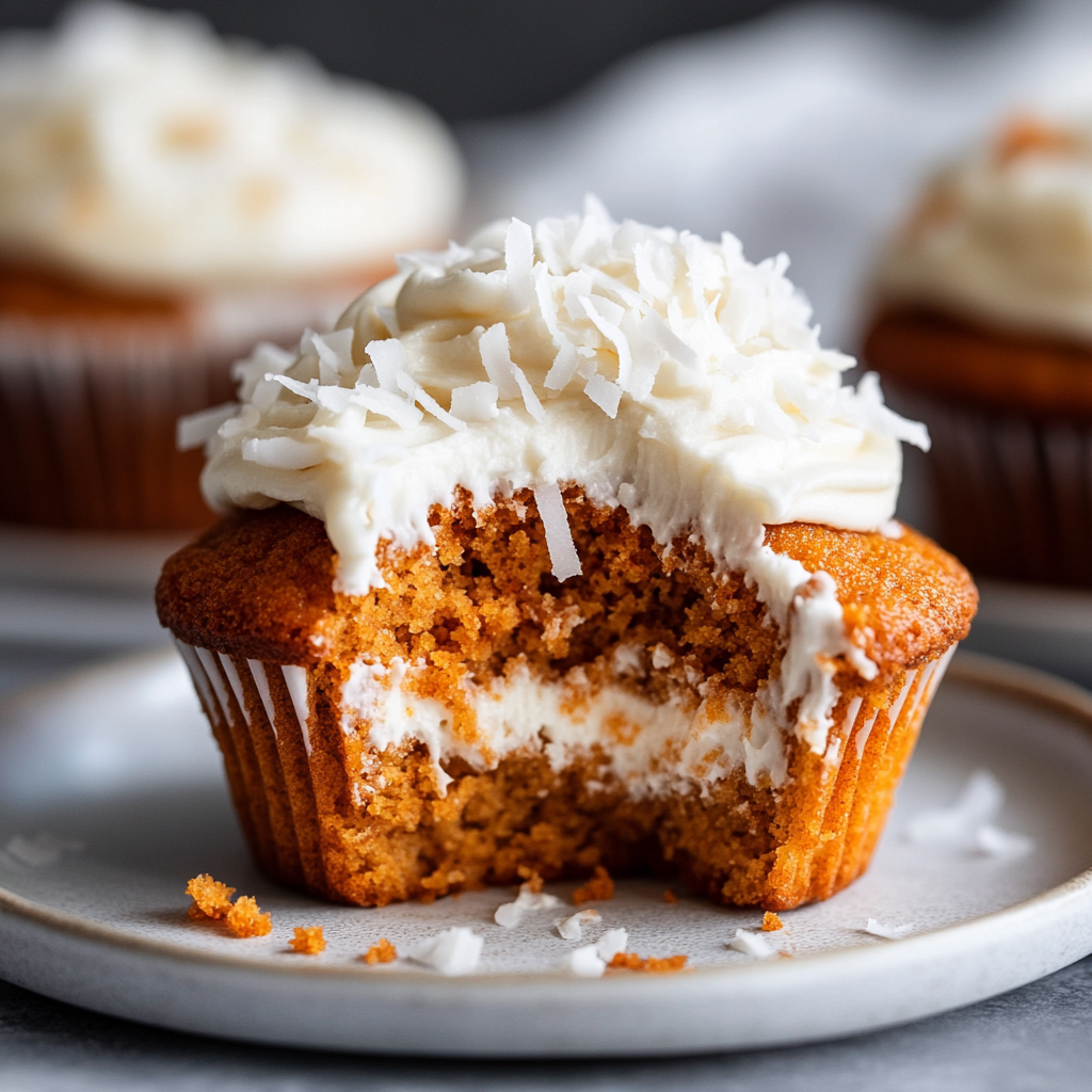 carrot cake cupcake split cupcake showing cream cheese filling inside
