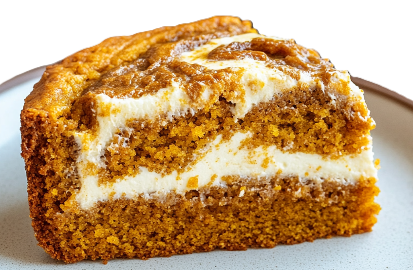 Close-up of a cut slice showing the creamy swirl inside the pumpkin cake