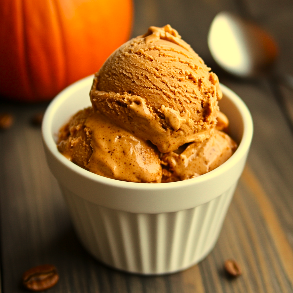 Scoops of pumpkin spice latte ice cream in a dish with a pumpkin in the background