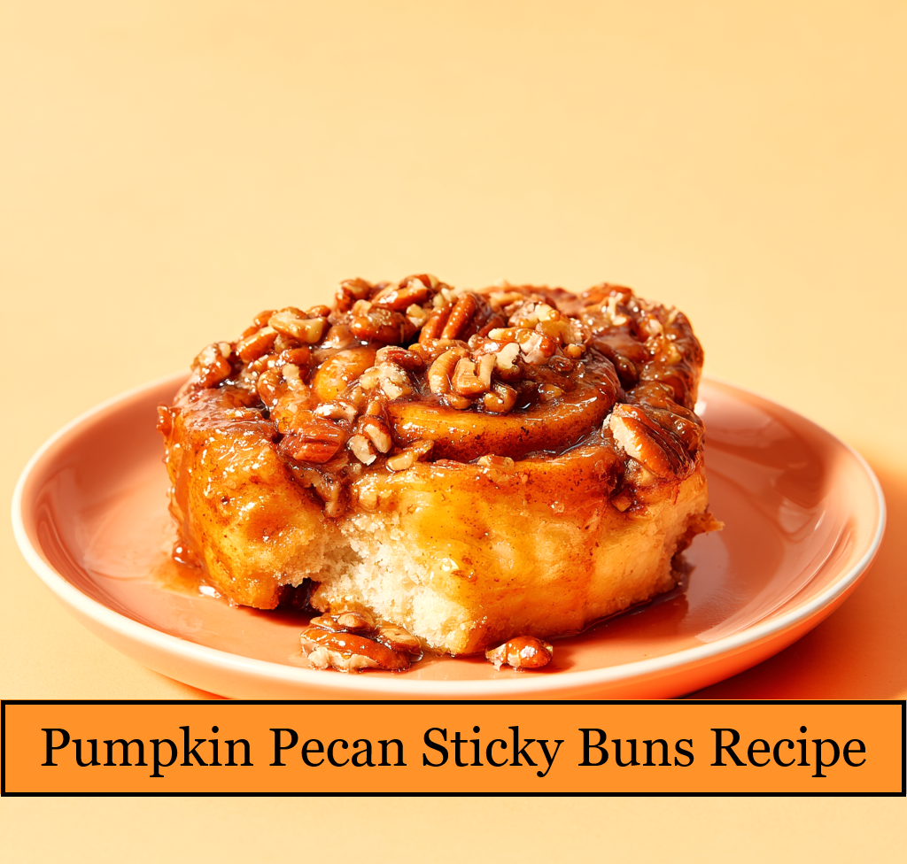 a picture of one pumpkin pecan sticky bun on a plate with a bite missing