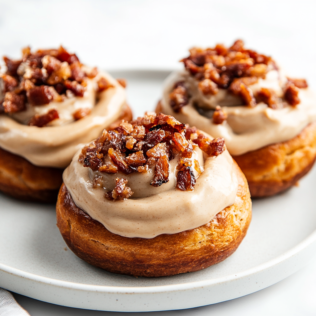a plate with 3 fresh maple sweet rolls with maple frosting and bacon on top