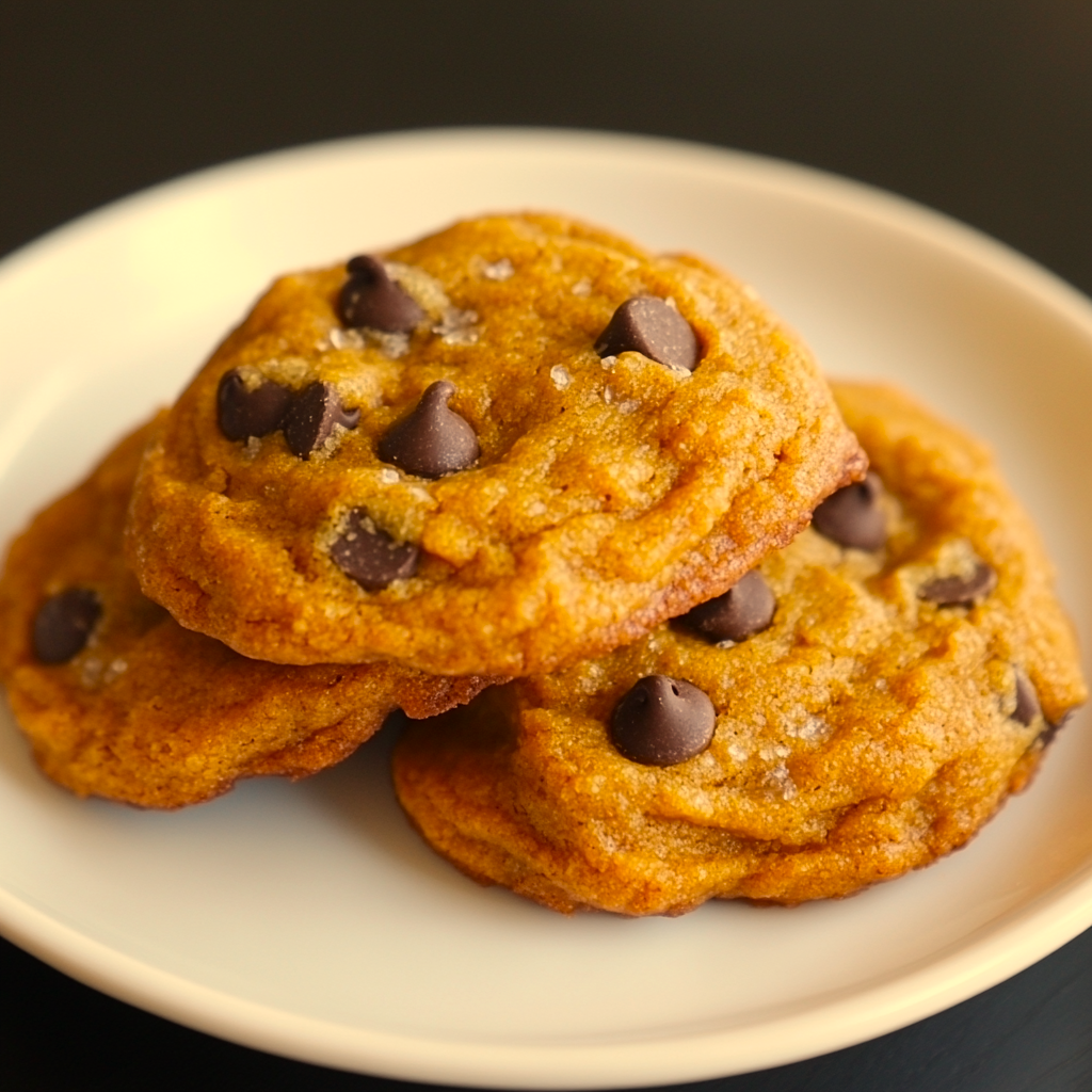 Stack of soft pumpkin chocolate chip cookies on a rustic plate with autumn leaves