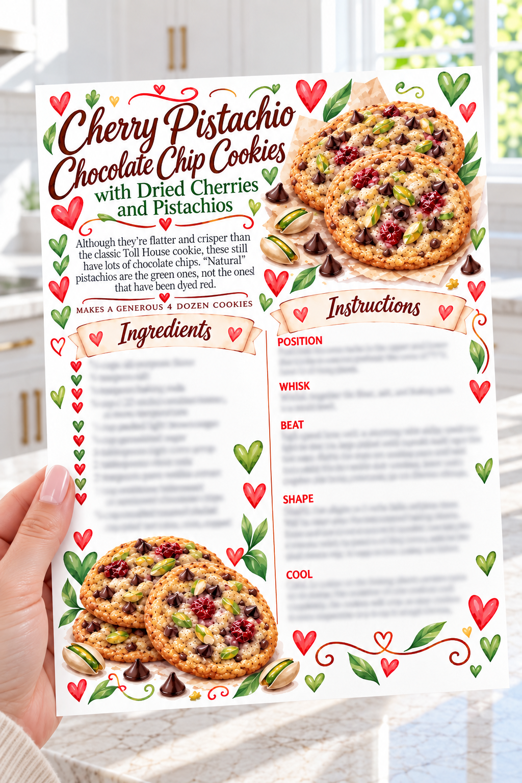 cherry pistachio chocolate chip cookies recipe card in my hand.png
