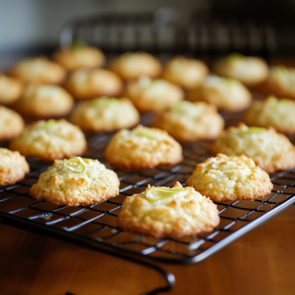 freshly baked coconut lime cookies cooling on a wire rack, before being glazed