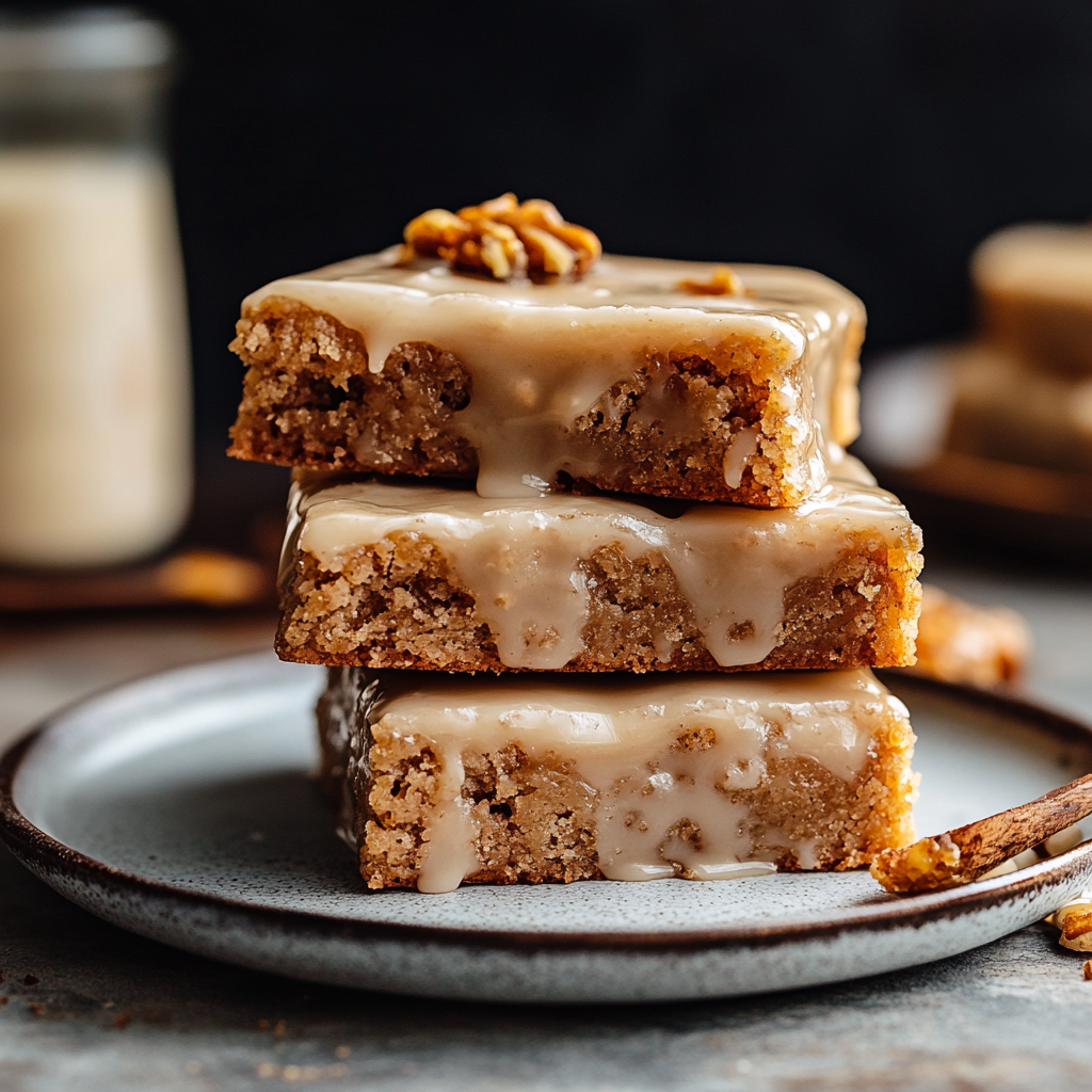 apple blondies bar cookies with maple icing dripping down the sides