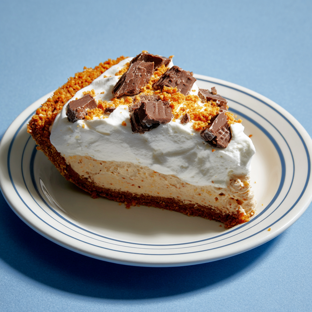 close up of a piece of no bake peanut butter pie with whipped cream and chunks of chopped chocolate