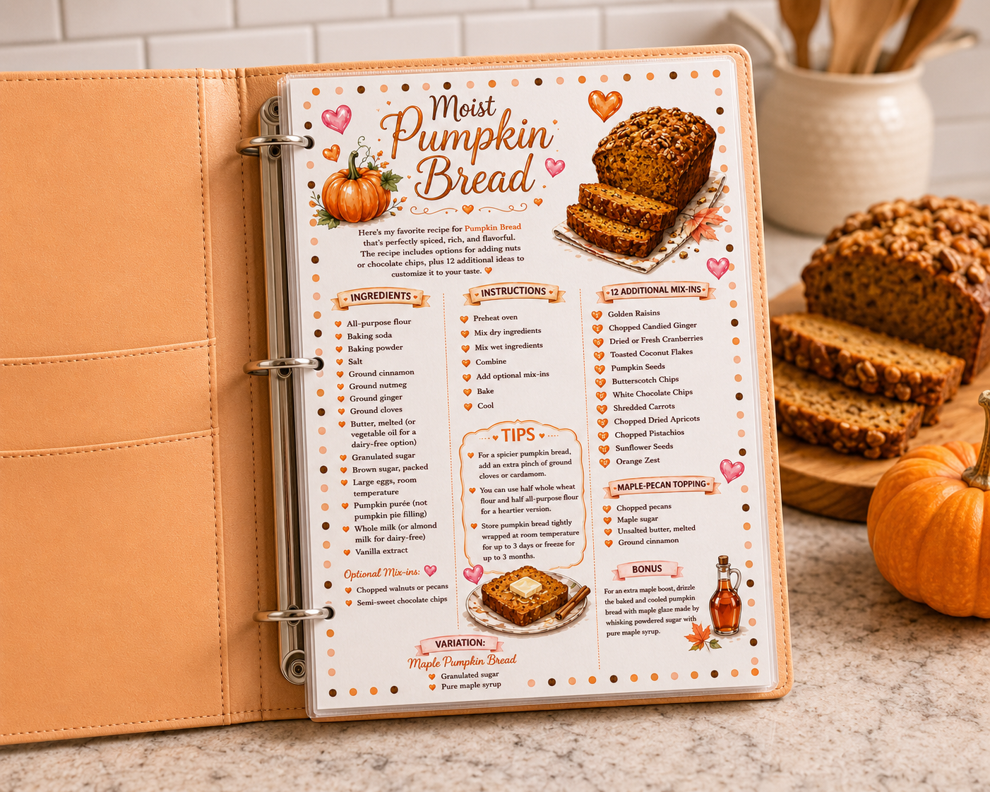 Pumpkin Bread Recipe Card | Printable Art Recipe - PDF Digital Download