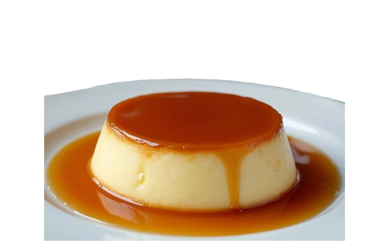 Overhead view of a whole flan with a glossy caramel top