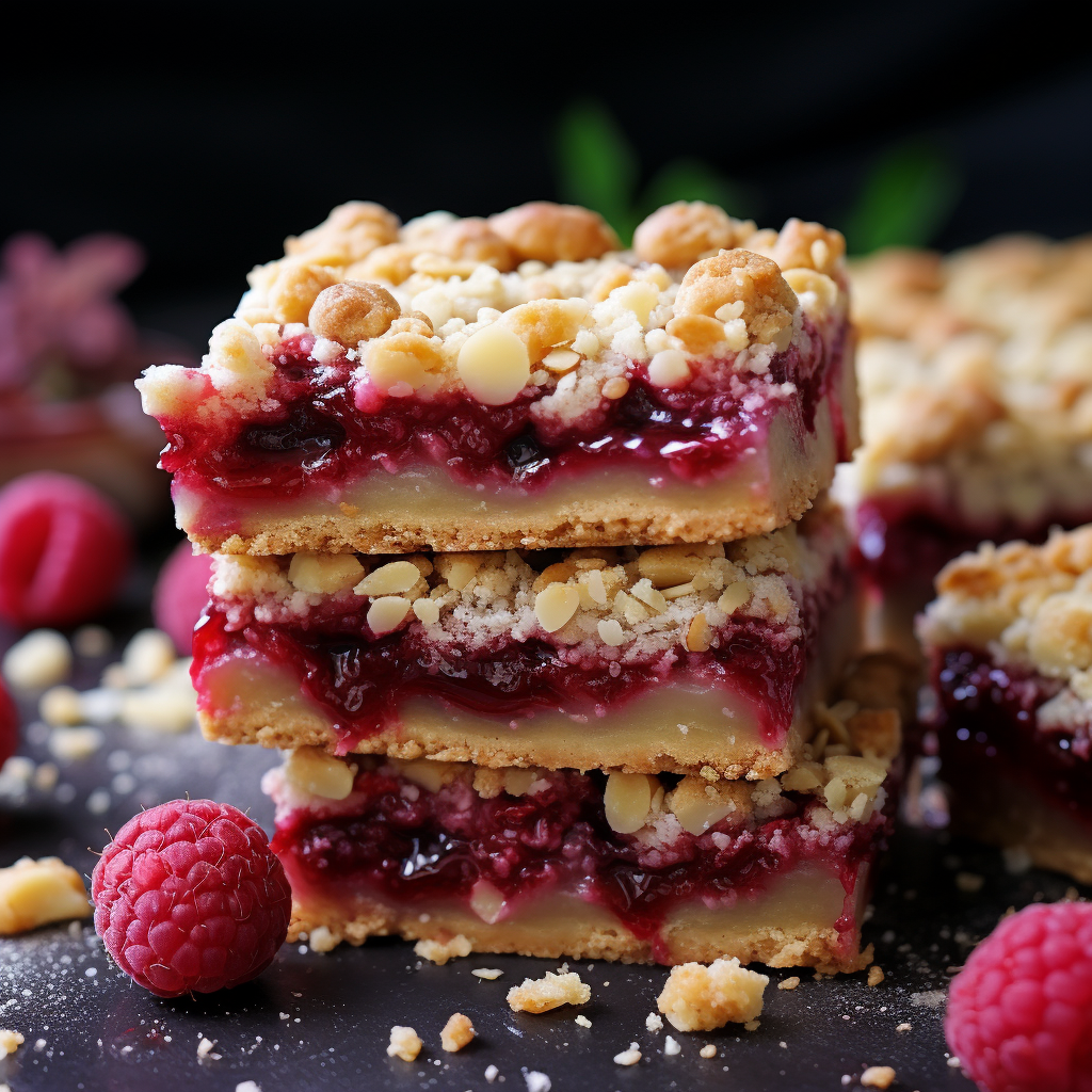 close up of a stack of raspberry jam bar cookies with crumble topping