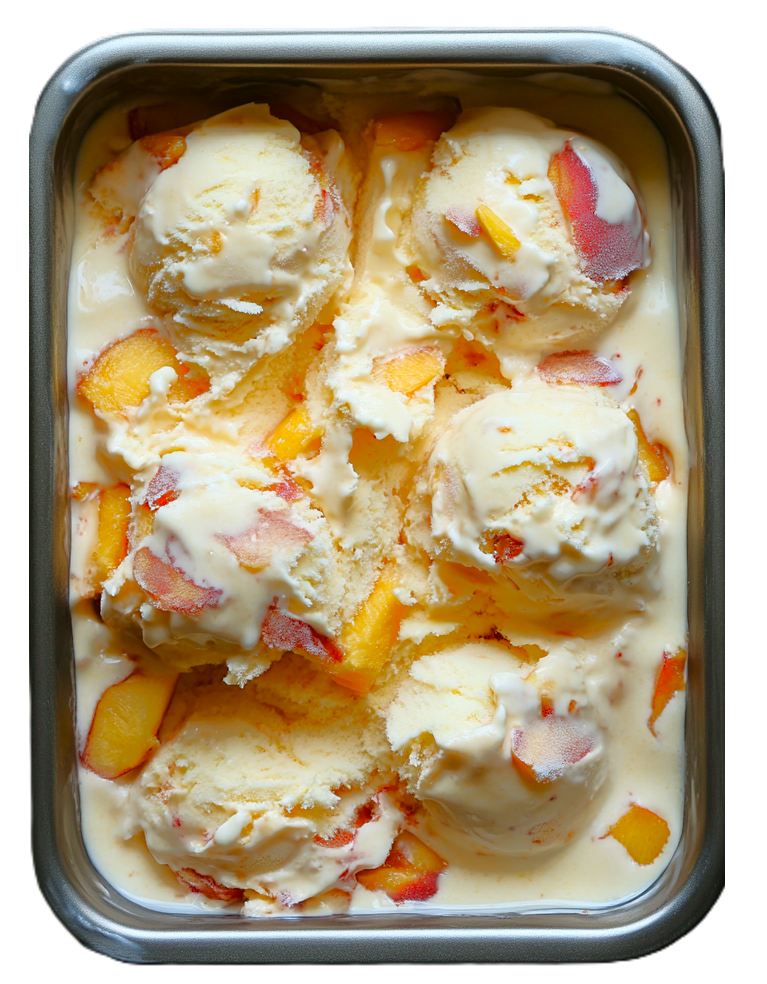 a metal pan of easy no churn peach chunk ice cream