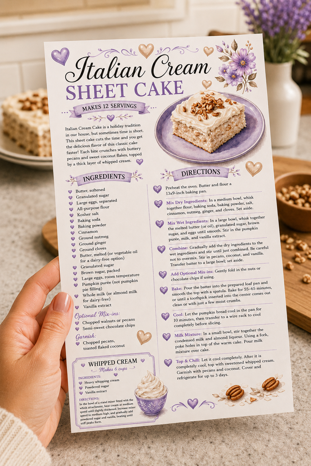 a photo of the Italian cream sheet cake recipe card in my hand