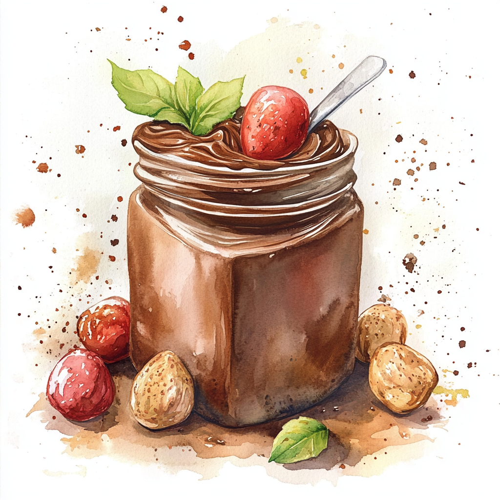 Smooth chocolate almond spread in a bowl with crushed almonds sprinkled on top, displayed with sliced baguette and fruit.