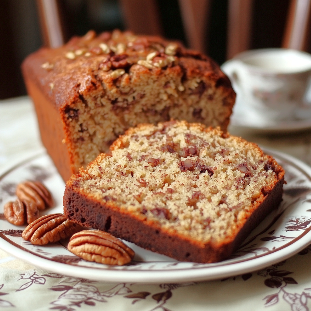 Moist butter pecan pound cake with golden crust and chopped pecans, sliced and served.