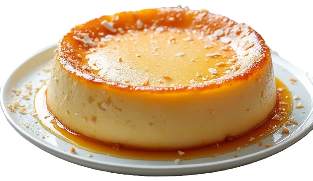 Creamy coconut cream cheese flan topped with golden caramel on a white plate, with coconut flakes on the side.