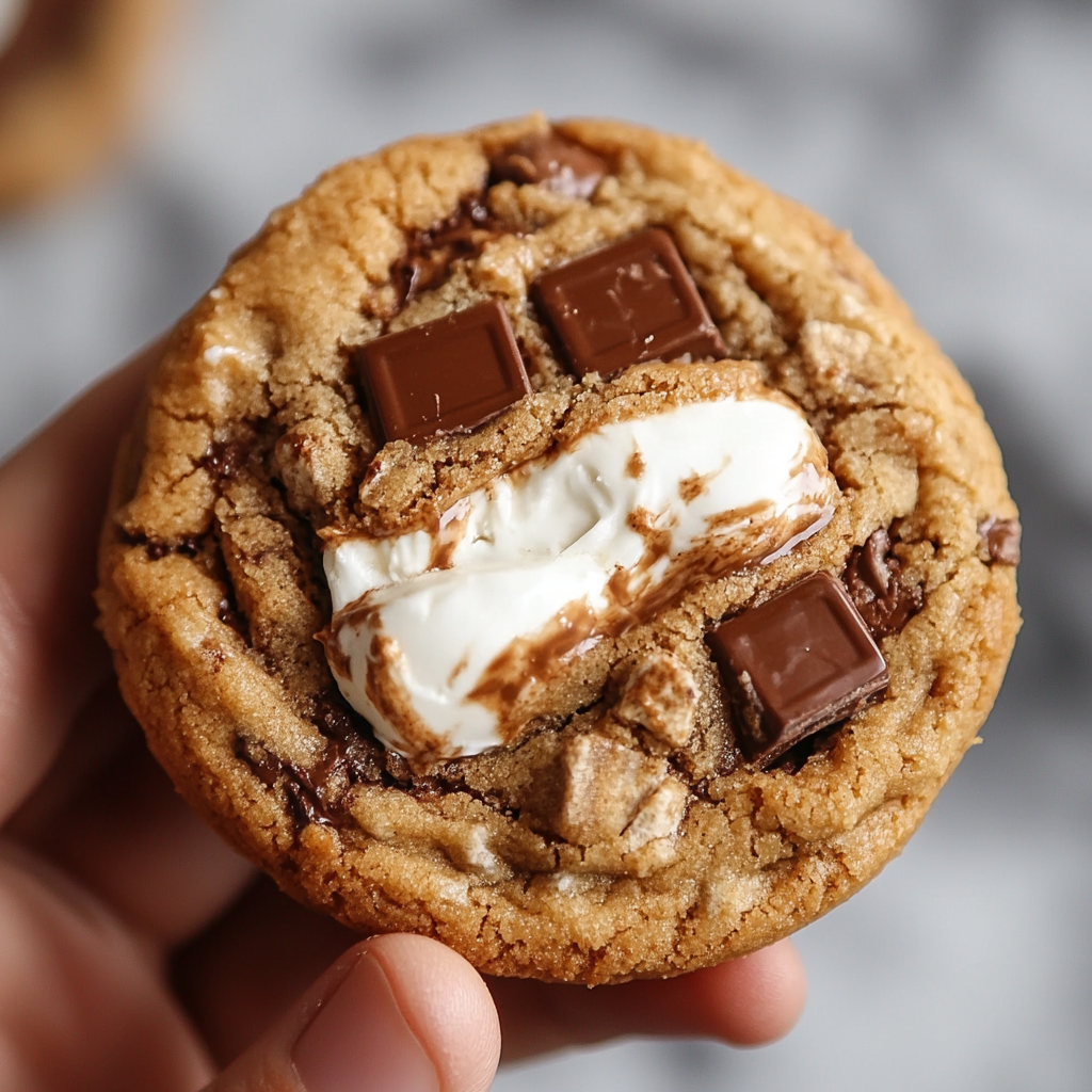 a freshly baked s'mores cookie with chocolate and gooey toasted marshmallows